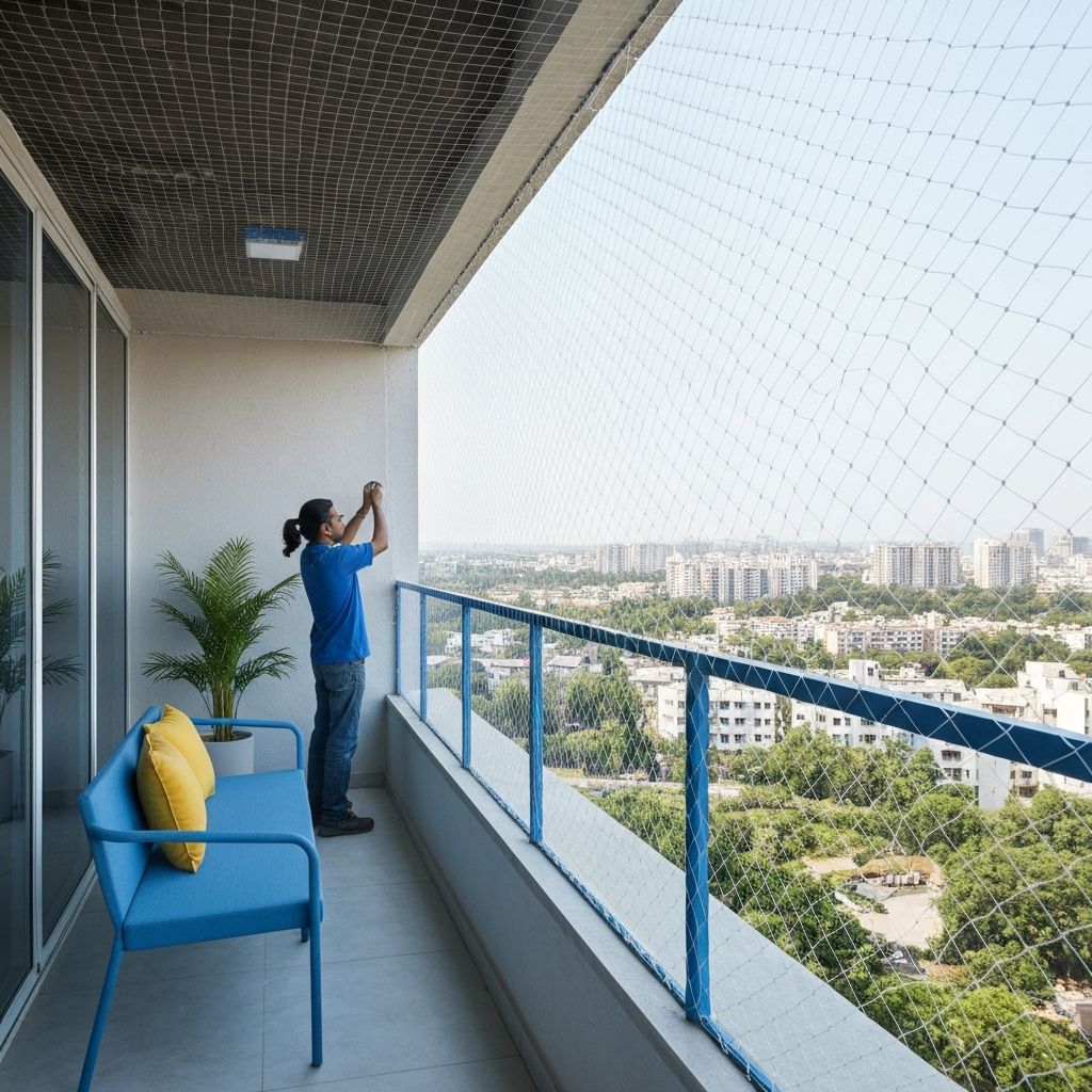 Pigeon netting installation on a Gurugram apartment balcony